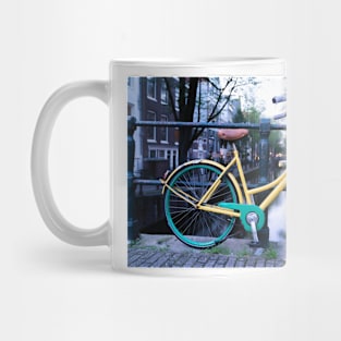 Yellow bicycle on Amsterdam bridge Mug